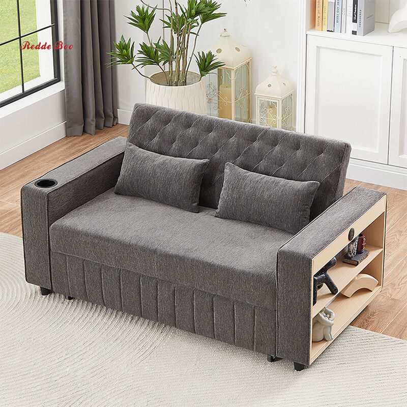 Redde Boo 3 in 1 Convertible Sleeper Sofa Bed With Side Storage, Pull Out Couch for Living Room, Adjustable Backrest, Linen Fabric Sofa Bed, Futon Couches Gray
