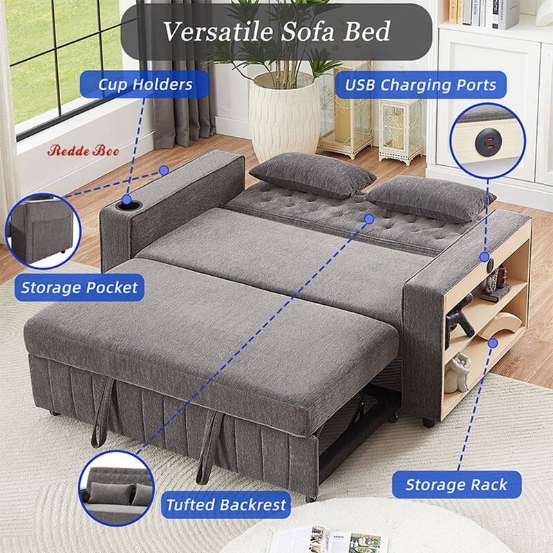 Redde Boo 3 in 1 Convertible Sleeper Sofa Bed With Side Storage, Pull Out Couch for Living Room, Adjustable Backrest, Linen Fabric Sofa Bed, Futon Couches Gray