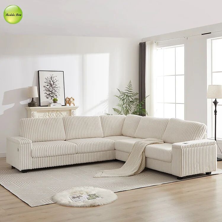 Corduroy L - Shaped Sofa with USB Ports: Plush, Practical for Comfort & Device Charging