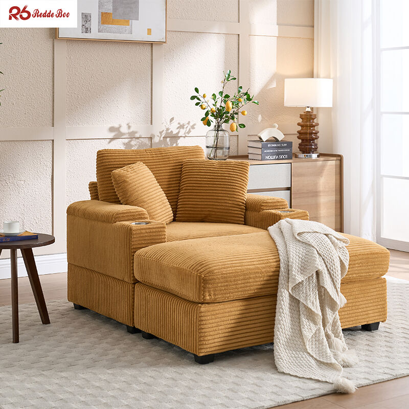 Minimalist Multifunctional Plush Corduroy Sofa Couch Sets Tan Yellow For Apartment