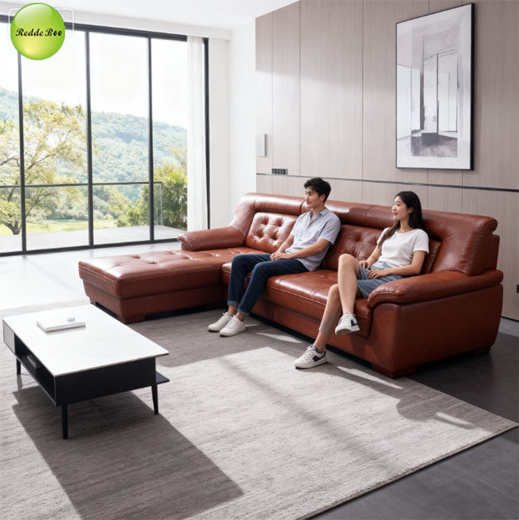 ReddeBoo Brown Leather L - Shaped Lounger: Ample Seating, Chic – Great for Relaxing