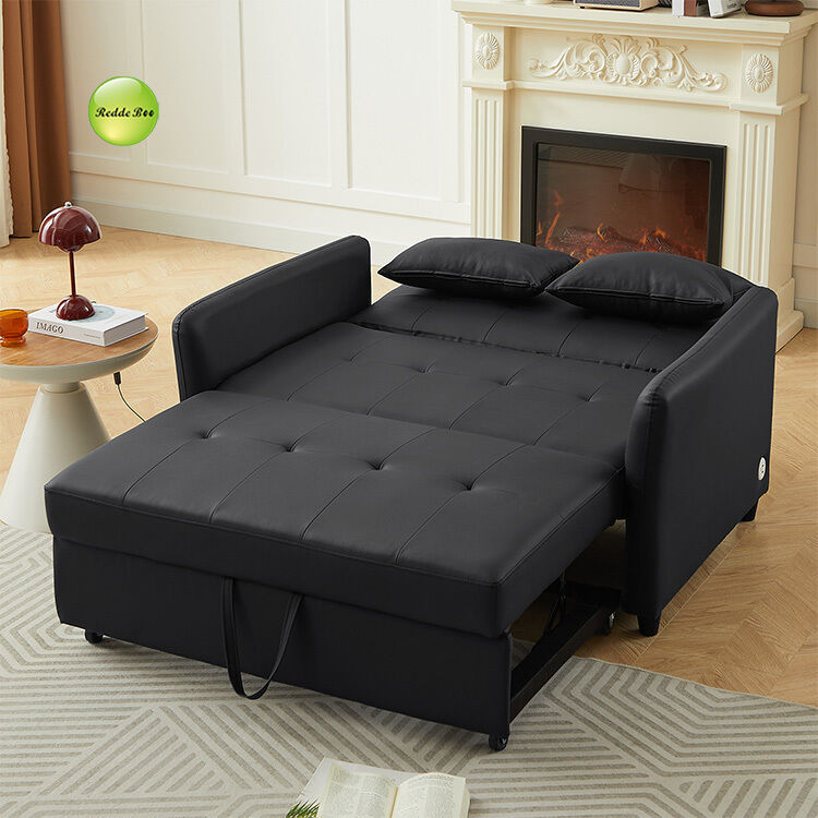 Modern 3-in-1 PU Leather Convertible Sofa Bed with USB Charging Port Space-Saving Pull Out Sofa Bed For Living Room Furniture