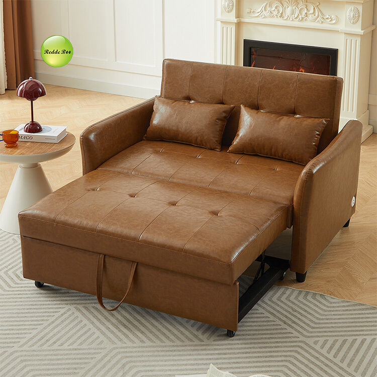 Modern 3-in-1 PU Leather Convertible Sofa Bed with USB Charging Port Space-Saving Pull Out Sofa Bed For Living Room Furniture