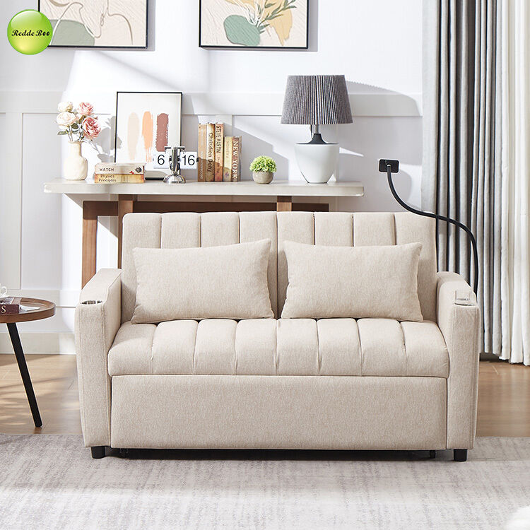 Modern Fabric Pull Out Sofa Bed with USB Charging Port & Cup Holder Saving-Sapce 2 Seater Sofa Convertible Sleeping Folding Sofa Bed