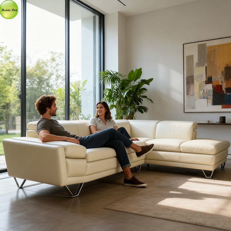 Contemporary Cognac Cream Leather 88 Inch Sectional Sofa 4 Seater Home Furniture