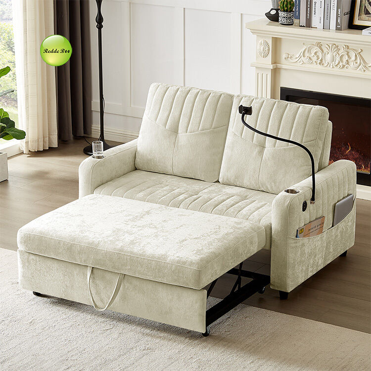 Modern Soft Chenille Fabric Convertible Sofa Bed with USB Port & Cup Holder & Phone Stand 2 Seater Sofa Pull Out Sleeping Sofa Bed