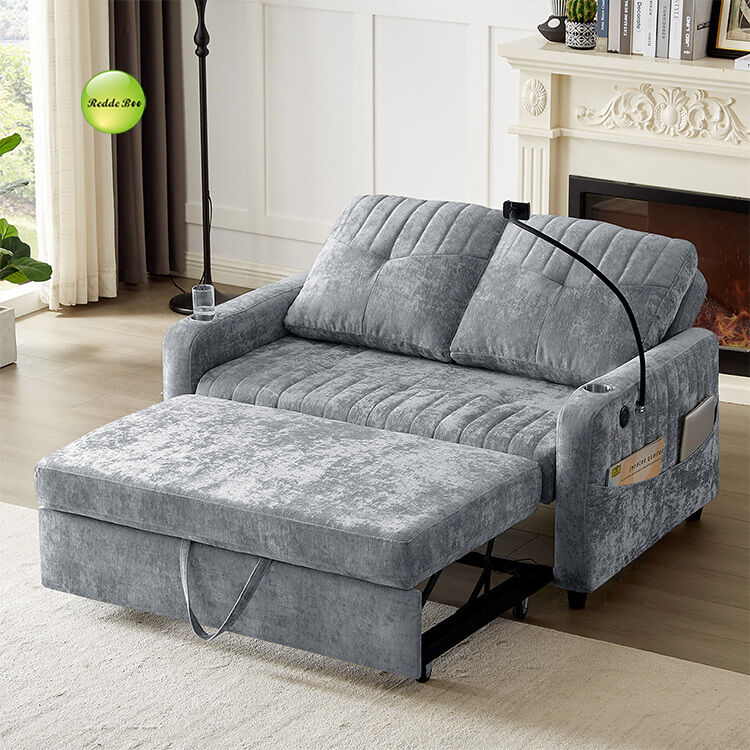Modern Soft Chenille Fabric Convertible Sofa Bed with USB Port & Cup Holder & Phone Stand 2 Seater Sofa Pull Out Sleeping Sofa Bed