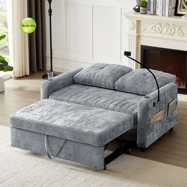 Modern Soft Chenille Fabric Convertible Sofa Bed with USB Port & Cup Holder & Phone Stand 2 Seater Sofa Pull Out Sleeping Sofa Bed