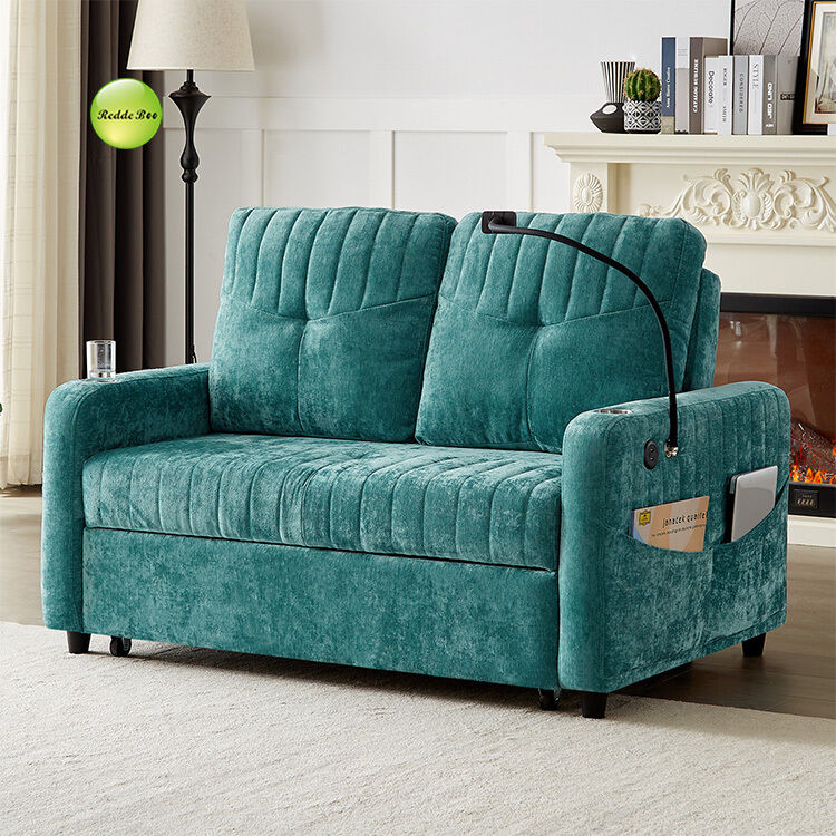 Modern Soft Chenille Fabric Convertible Sofa Bed with USB Port & Cup Holder & Phone Stand 2 Seater Sofa Pull Out Sleeping Sofa Bed