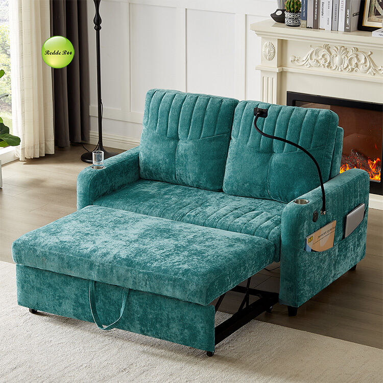 Modern Soft Chenille Fabric Convertible Sofa Bed with USB Port & Cup Holder & Phone Stand 2 Seater Sofa Pull Out Sleeping Sofa Bed