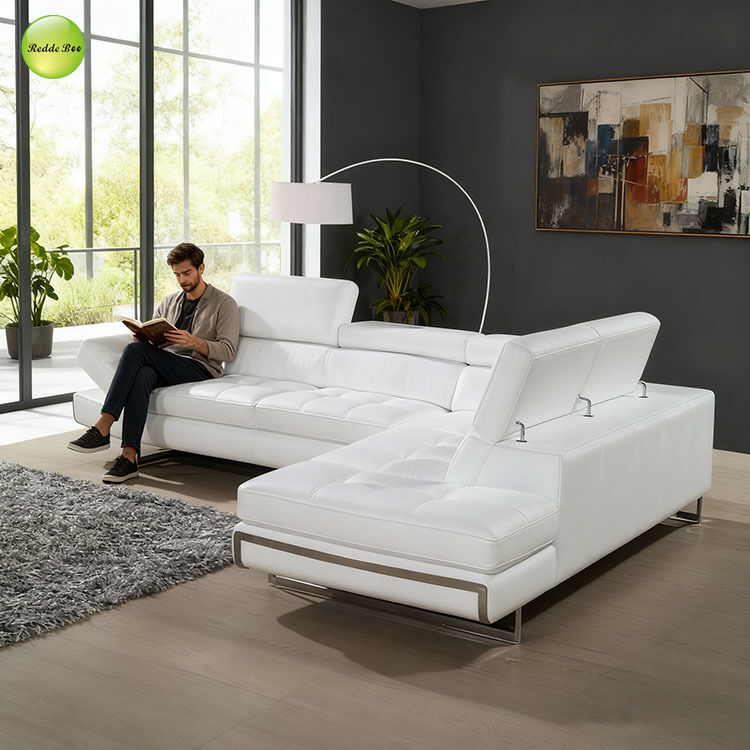 White Leather L-Shaped Sofa & Adjustable Backrest: Sleek, Comfy – Ideal for Solo Relaxation