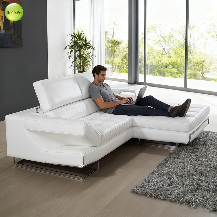 White Leather L-Shaped Sofa & Adjustable Backrest: Sleek, Comfy – Ideal for Solo Relaxation