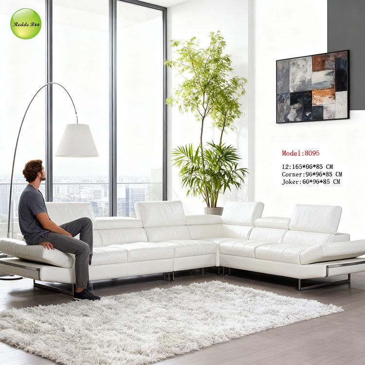 White Leather L-Shaped Sofa & Adjustable Backrest: Sleek, Comfy – Ideal for Solo Relaxation