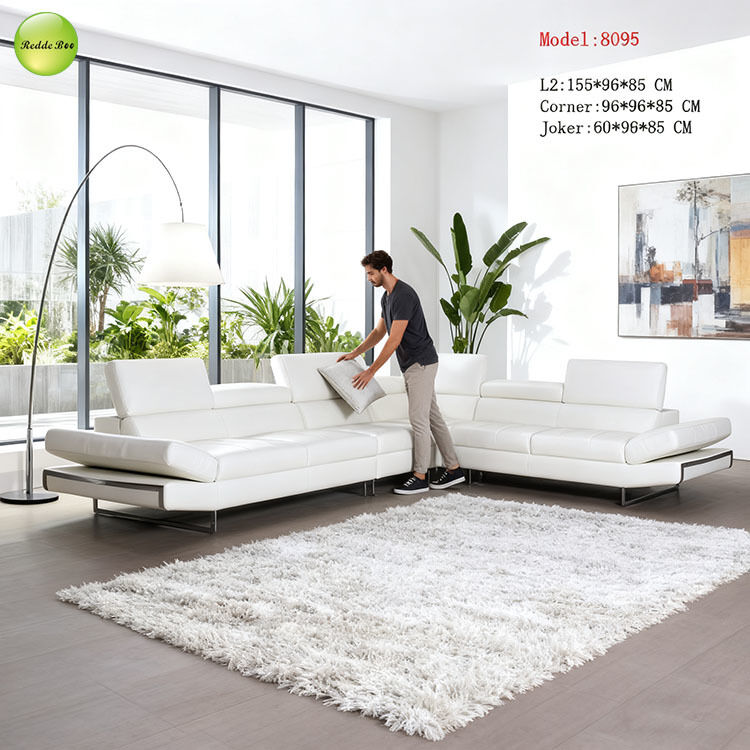 White Leather L-Shaped Sofa & Adjustable Backrest: Sleek, Comfy – Ideal for Solo Relaxation