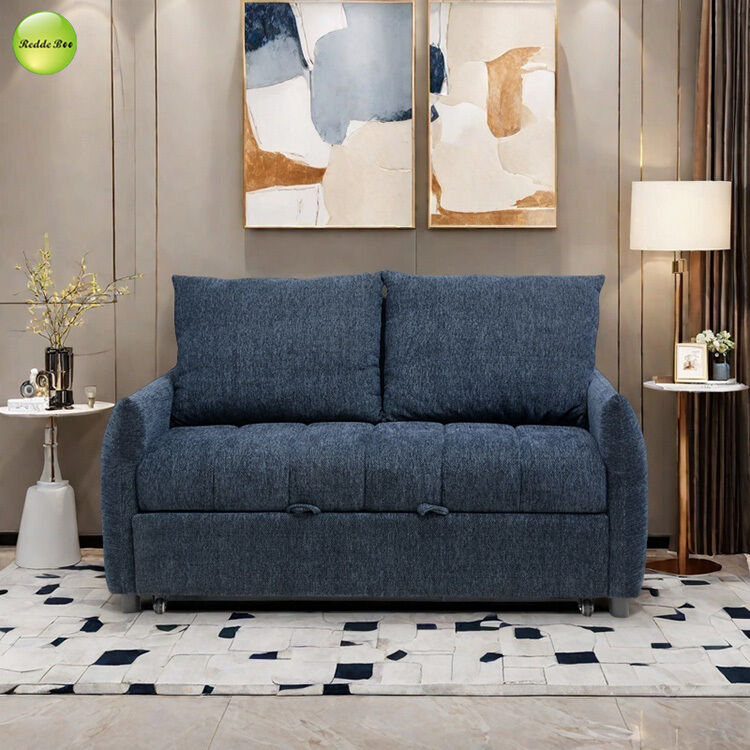 Modern Blue Fabric Pull Out Sofa Bed Space-Saving 2 Seater Living Room Sofa Convertible Sleeping Foldable Sofa Bed