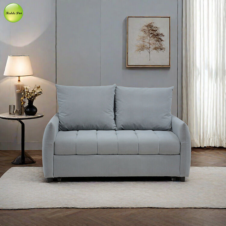 Modern Blue Fabric Pull Out Sofa Bed Space-Saving 2 Seater Living Room Sofa Convertible Sleeping Foldable Sofa Bed