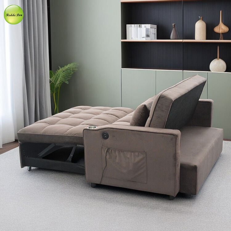 Elegant Velvet Fabric Sofa Bed with USB Charger & Cup Holder 2 Seater Living Room Sofa Convertible Sleeping Pull Out Sofa Bed