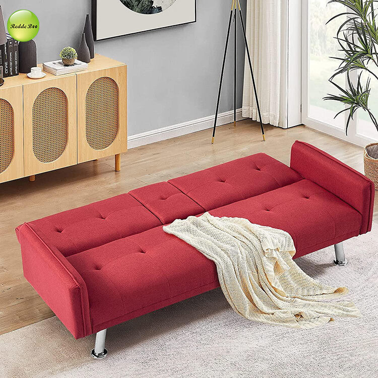 Modern Linen Fabric Foldable Sofa Bed With Cup Holder 2 Seater Living Room Sofa Convertible Sleeping Sofa Bed
