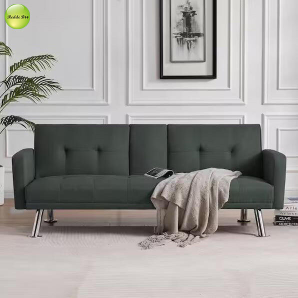 Modern Linen Fabric Foldable Sofa Bed With Cup Holder 2 Seater Living Room Sofa Convertible Sleeping Sofa Bed