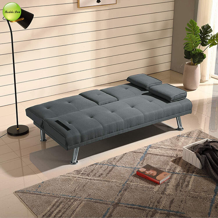 Modern Linen Fabric Foldable Sofa Bed With Cup Holder 2 Seater Living Room Sofa Convertible Sleeping Sofa Bed