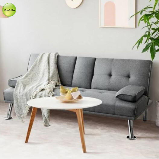 Modern Linen Fabric Foldable Sofa Bed With Cup Holder 2 Seater Living Room Sofa Convertible Sleeping Sofa Bed