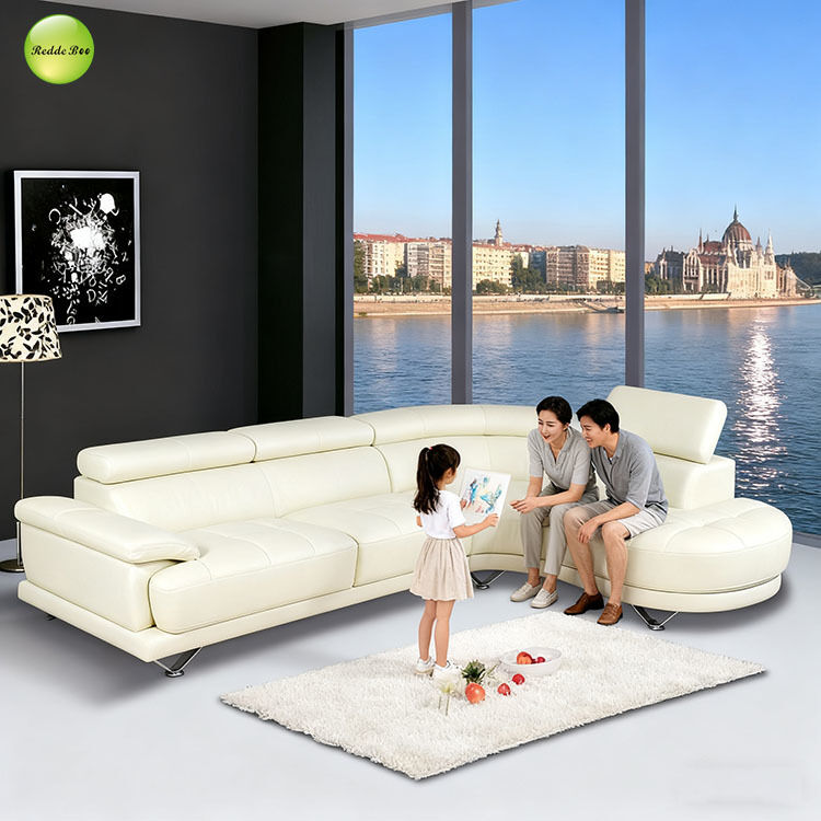 Art Deco White Leather Corner Sofa: Geometric Accents, Luxe Finish – Elevate City - facing Interiors