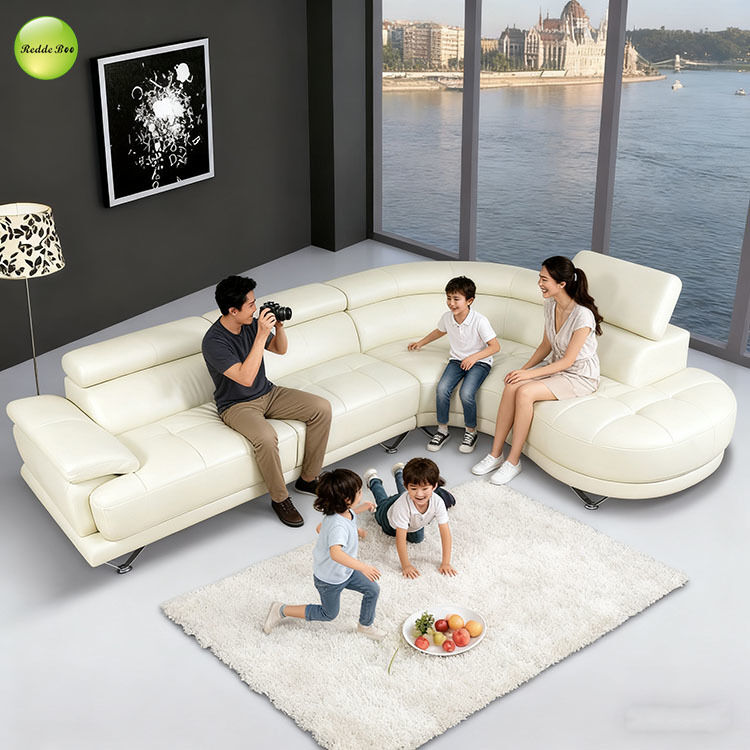 Art Deco White Leather Corner Sofa: Geometric Accents, Luxe Finish – Elevate City - facing Interiors