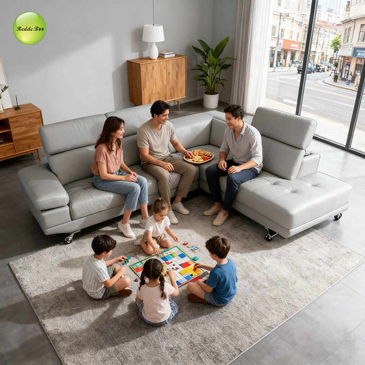 Modern Gray Leather L - shaped Sofa: Smooth Upholstery, Mobility - friendly Wheels – Redefine Living Room Comfort