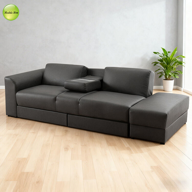 Minimalist PU Leather Foldable Sofa Bed With Drawer Storage & Cup Holder 3 Seater Living Room Sofa Convertible Sleeping Cum Bed
