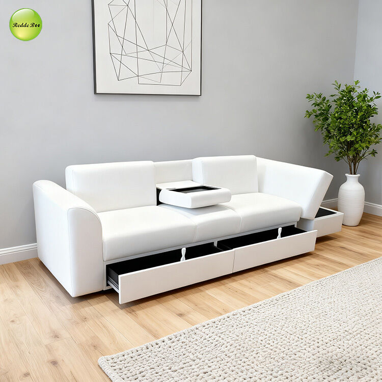 Minimalist PU Leather Foldable Sofa Bed With Drawer Storage & Cup Holder 3 Seater Living Room Sofa Convertible Sleeping Cum Bed