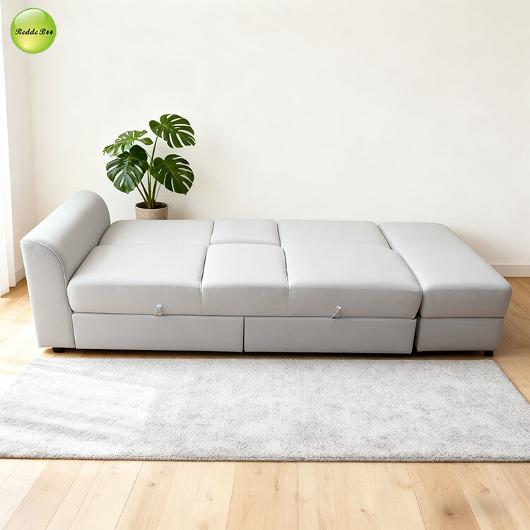 Minimalist PU Leather Foldable Sofa Bed With Drawer Storage & Cup Holder 3 Seater Living Room Sofa Convertible Sleeping Cum Bed