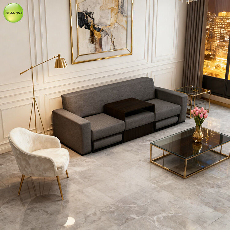 Modern Linen Fabric Sofa Bed With Drawers and Tea Table Three Seat Living Room Sofa Convertible Sleeper Futon Sofa Bed