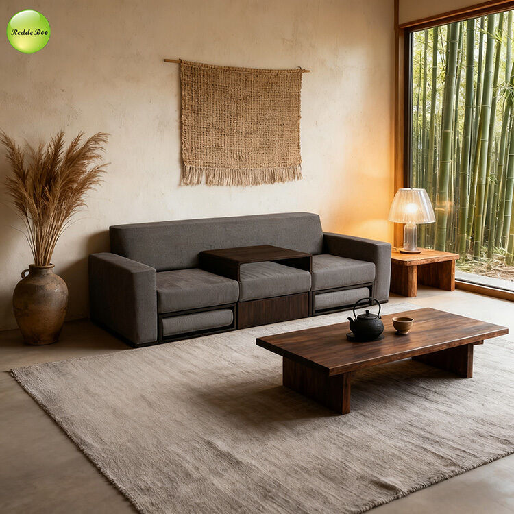 Modern Linen Fabric Sofa Bed With Drawers and Tea Table Three Seat Living Room Sofa Convertible Sleeper Futon Sofa Bed