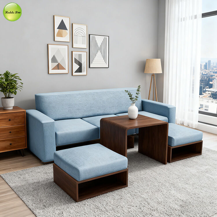 Modern Linen Fabric Sofa Bed With Drawers and Tea Table Three Seat Living Room Sofa Convertible Sleeper Futon Sofa Bed
