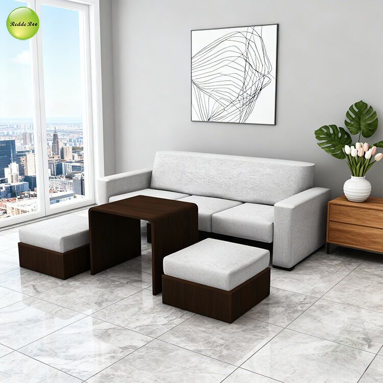 Modern Linen Fabric Sofa Bed With Drawers and Tea Table Three Seat Living Room Sofa Convertible Sleeper Futon Sofa Bed