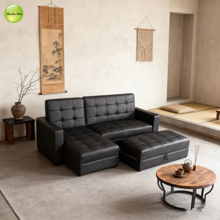 Multifunctional L Shape Sofa For Living Room Linen Fabric Sofa Convertible Sleeping Foldable Sofa Bed With Storage Ottoman