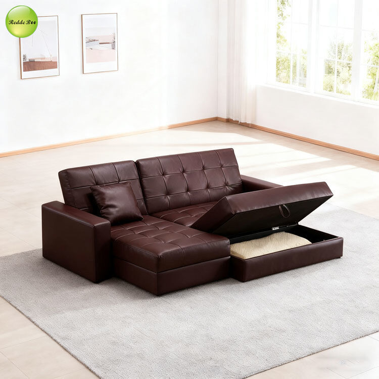 Multifunctional L Shape Sofa For Living Room Linen Fabric Sofa Convertible Sleeping Foldable Sofa Bed With Storage Ottoman