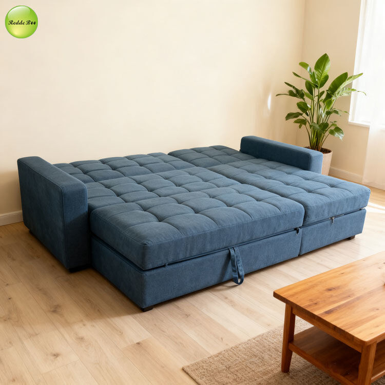 Multifunctional L Shape Sofa For Living Room Linen Fabric Sofa Convertible Sleeping Foldable Sofa Bed With Storage Ottoman