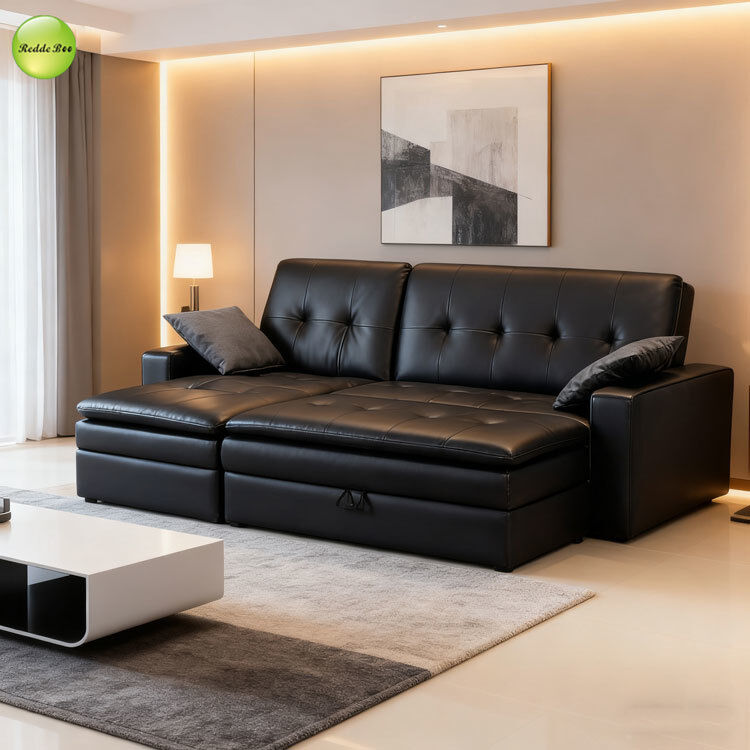 Multi-Functional PU Leather L-Shaped Corner Sofa For Living Room Convertible Sleeping Foldable Sofa Bed with Storage Chaise & Ottoman