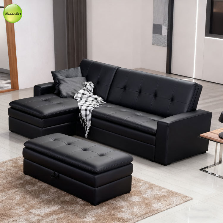 Multi-Functional PU Leather L-Shaped Corner Sofa For Living Room Convertible Sleeping Foldable Sofa Bed with Storage Chaise & Ottoman