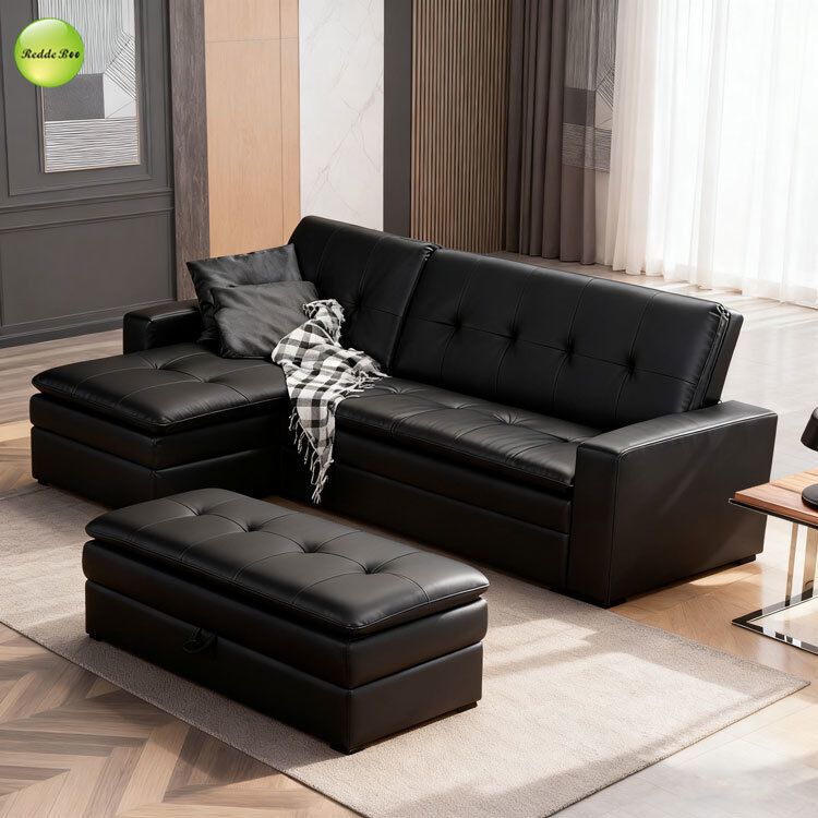 Multi-Functional PU Leather L-Shaped Corner Sofa For Living Room Convertible Sleeping Foldable Sofa Bed with Storage Chaise & Ottoman