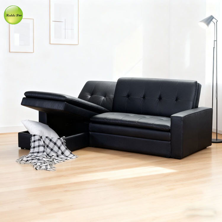 Multi-Functional PU Leather L-Shaped Corner Sofa For Living Room Convertible Sleeping Foldable Sofa Bed with Storage Chaise & Ottoman