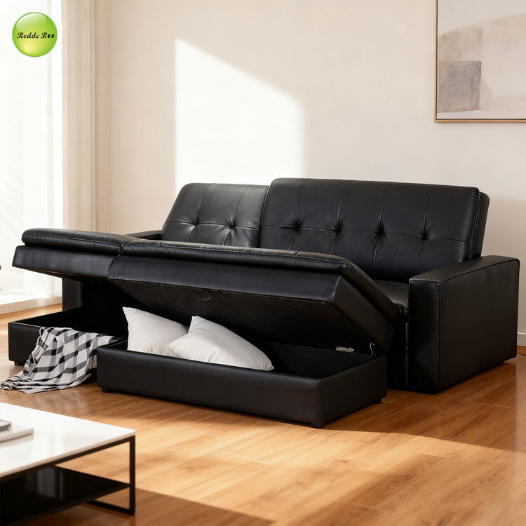 Multi-Functional PU Leather L-Shaped Corner Sofa For Living Room Convertible Sleeping Foldable Sofa Bed with Storage Chaise & Ottoman