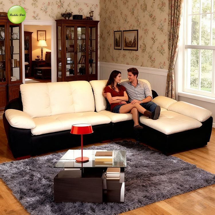 Two - Tone Leather Sectional: Black & Cream Contrast, Plush Seating – Art - Filled Modern Living Spaces Ideal