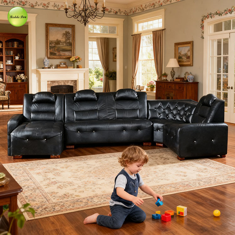 Modular Black Leather Set: Tufted Elegance, Recliner Utility – Transform Home into a Sophisticated Retreat