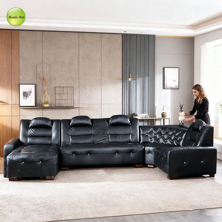 Modular Black Leather Set: Tufted Elegance, Recliner Utility – Transform Home into a Sophisticated Retreat
