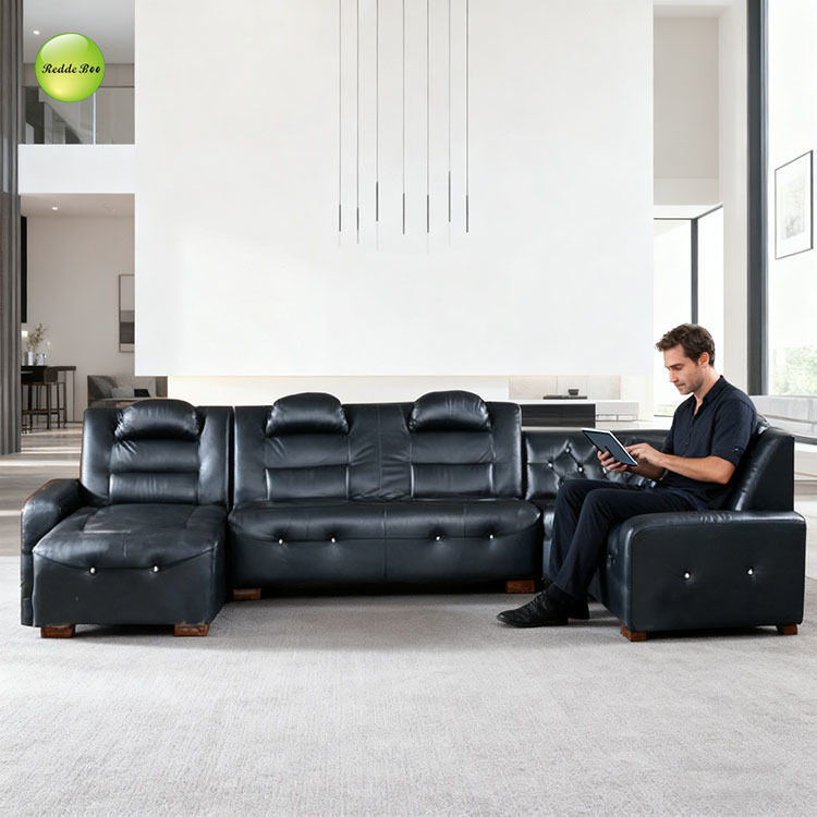 Modular Black Leather Set: Tufted Elegance, Recliner Utility – Transform Home into a Sophisticated Retreat