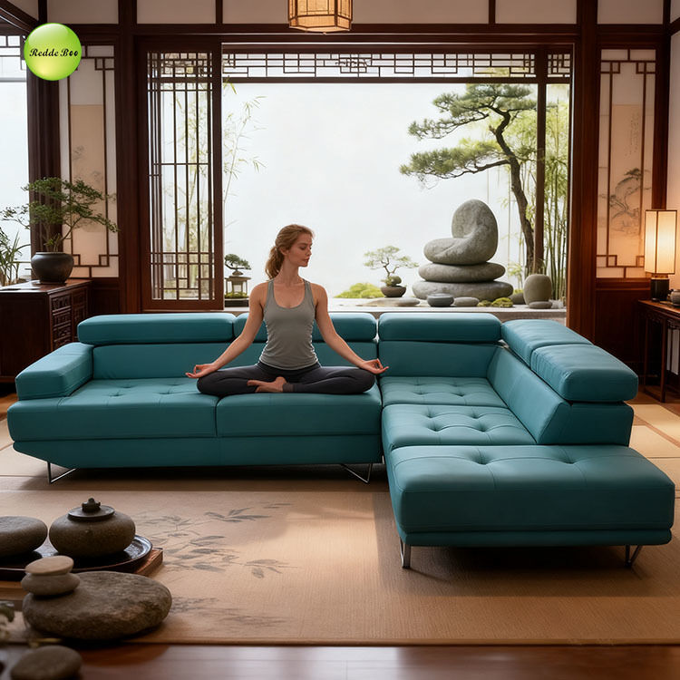 Leather Corner Sofa: Bold Hue, Minimalist Chic – Perfect for Meditation - Focused, Nature - Accent Interiors