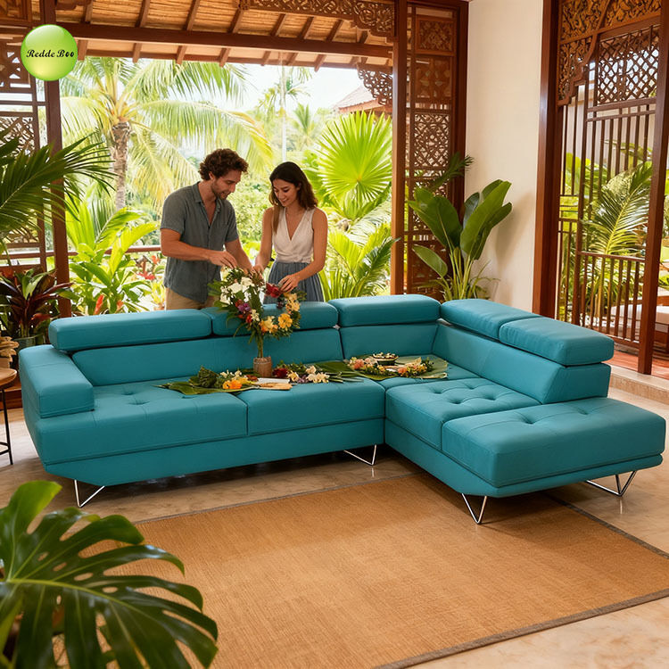 Leather Corner Sofa: Bold Hue, Minimalist Chic – Perfect for Meditation - Focused, Nature - Accent Interiors