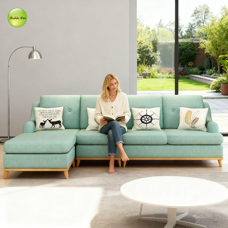 Aqua Fabric Sectional: Boho - Chic Accents, Wood Legs – Ideal for Whimsical, Art - Filled Modern Interiors